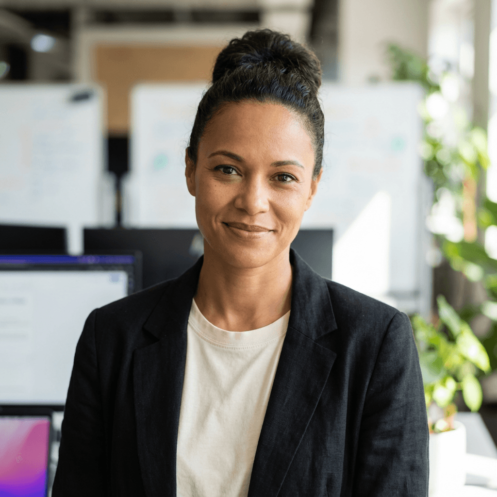 Professional female IT consultant in her late 30s with confident demeanor