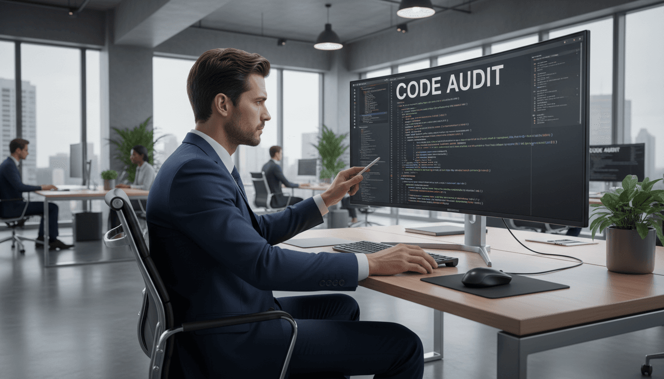 IT consultant reviewing code on a monitor in a modern office