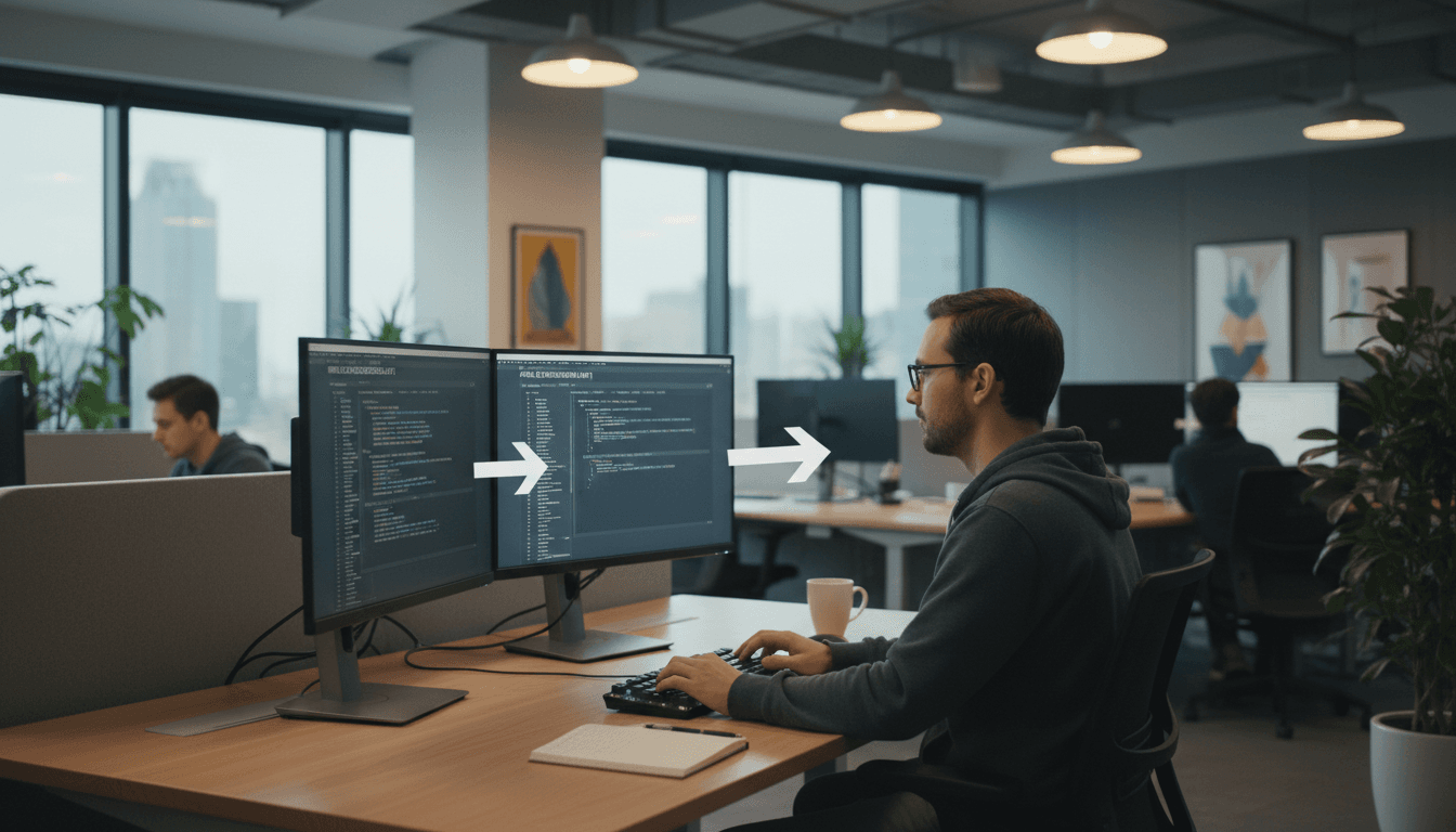 Developer reviewing code on dual monitors in a modern office