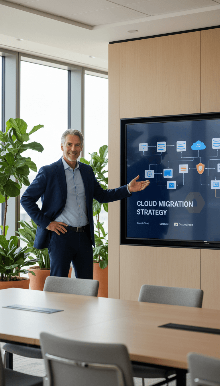 IT consultant explaining cloud infrastructure to business owner in modern office