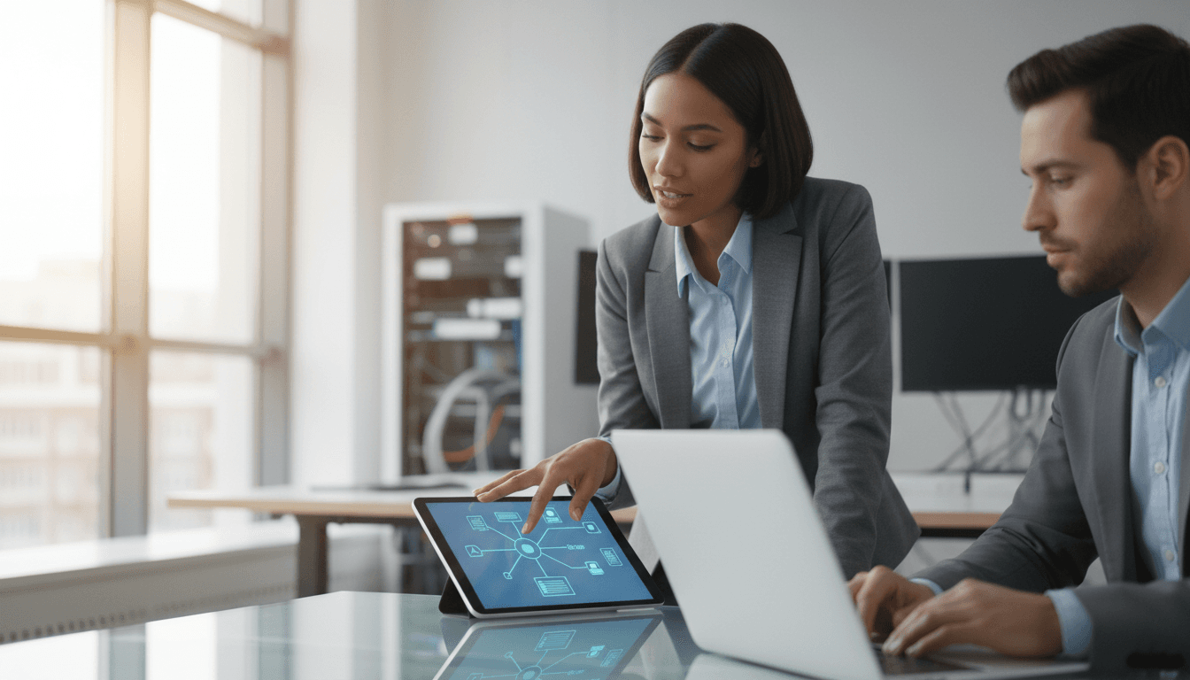 IT consultant reviewing cloud computing needs with a client in a bright office