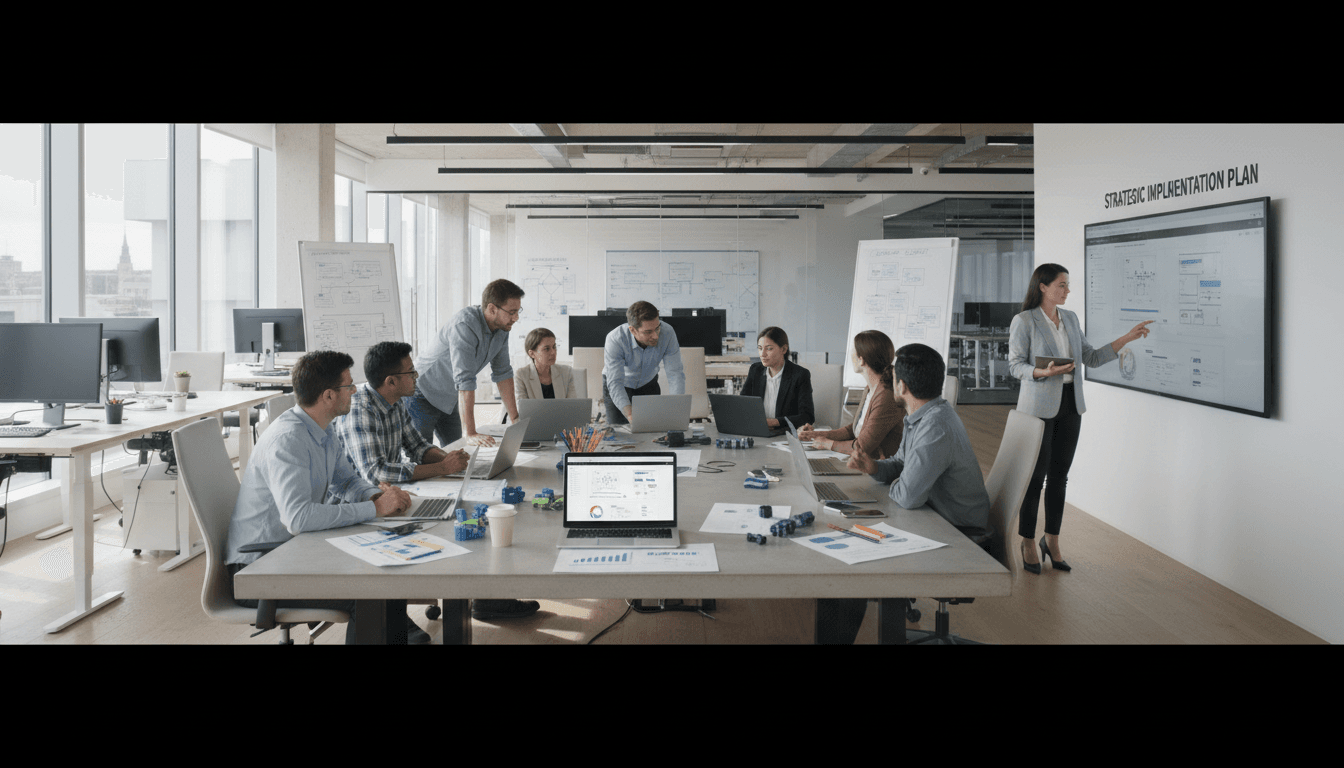 Technology consultants reviewing project plans in a bright office