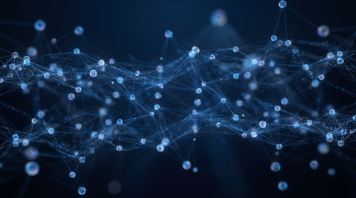 Digital security network with connected glowing nodes on a dark blue background